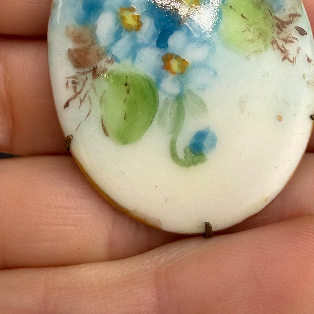 Vintage Victorian Hand Painted Floral Brooch Blue Enamel Oval Brass Tone